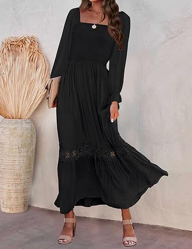 Miniatura 3 de ZESICA Vestido largo bohemio de manga larga con cuello cuadrado fruncido de cintura alta y corte acampanado para mujer