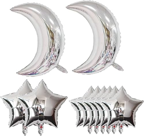 10 globos plateados de papel de aluminio con forma de estrella y luna para baby shower, Navidad, aniversario, compromiso, boda, fiesta de cumpleaños