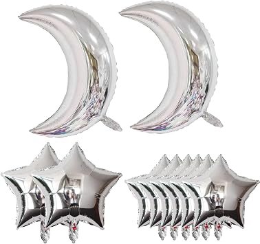 10PCS Silver Star Foil Balloons Moon Foil Mylar Balloons for Baby Shower Christmas Anniversary Engagement Wedding Birthday Party Decoration