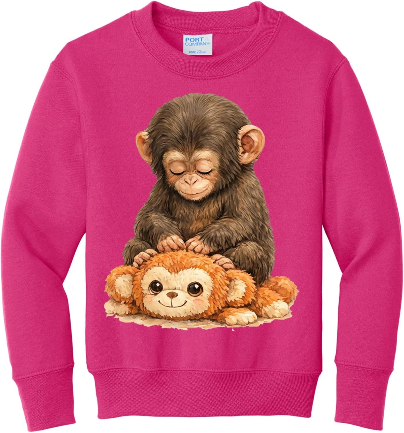 wild custom apparel Team Punch Monkey Cuddling Stuffed Animal Kids Youth Boys Girls Sweater Crewneck Sweatshirt
