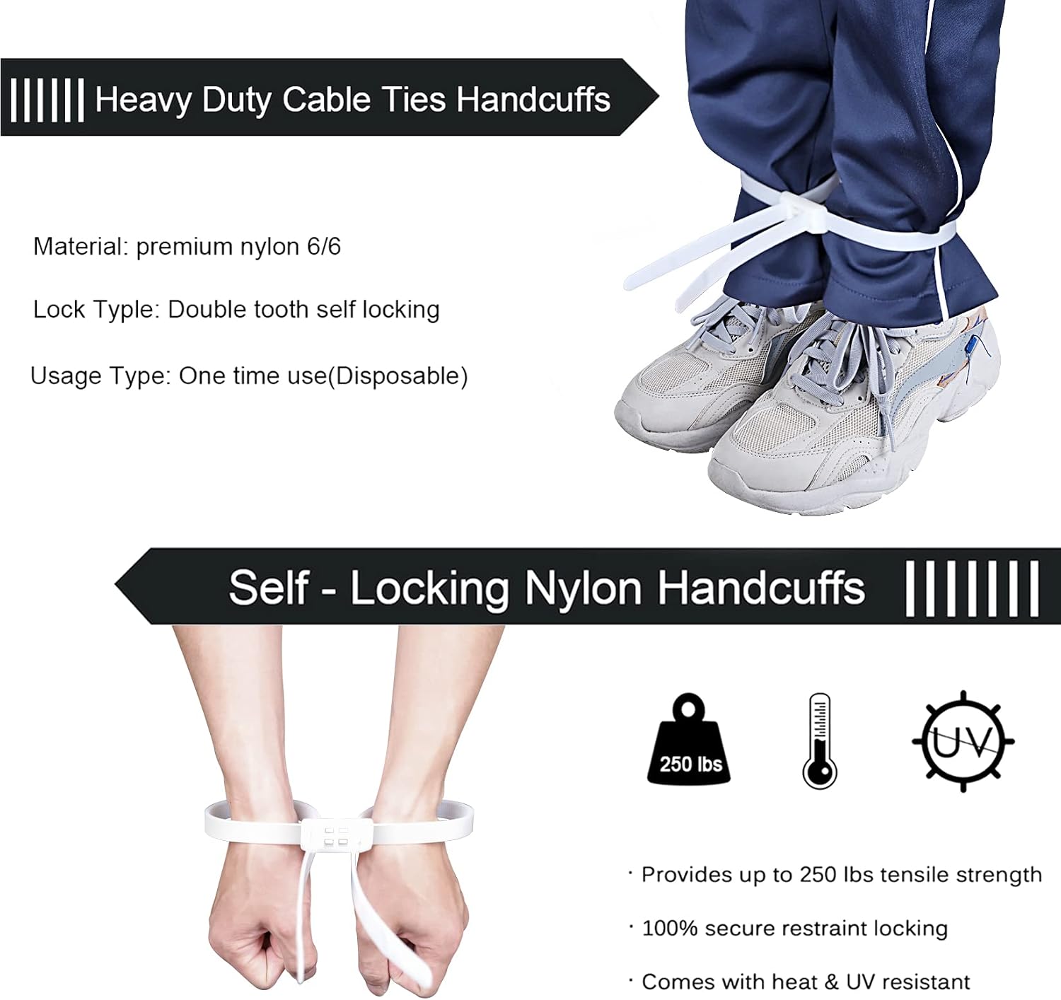 Flex Cuffs, Heavy Duty Zip Tie Handcuffs Restraint Disposable Police Nylon Double Cuffs with UV & Heat Resistant, 250 lbs Tensile Strength - Bright White(Pack of 10)