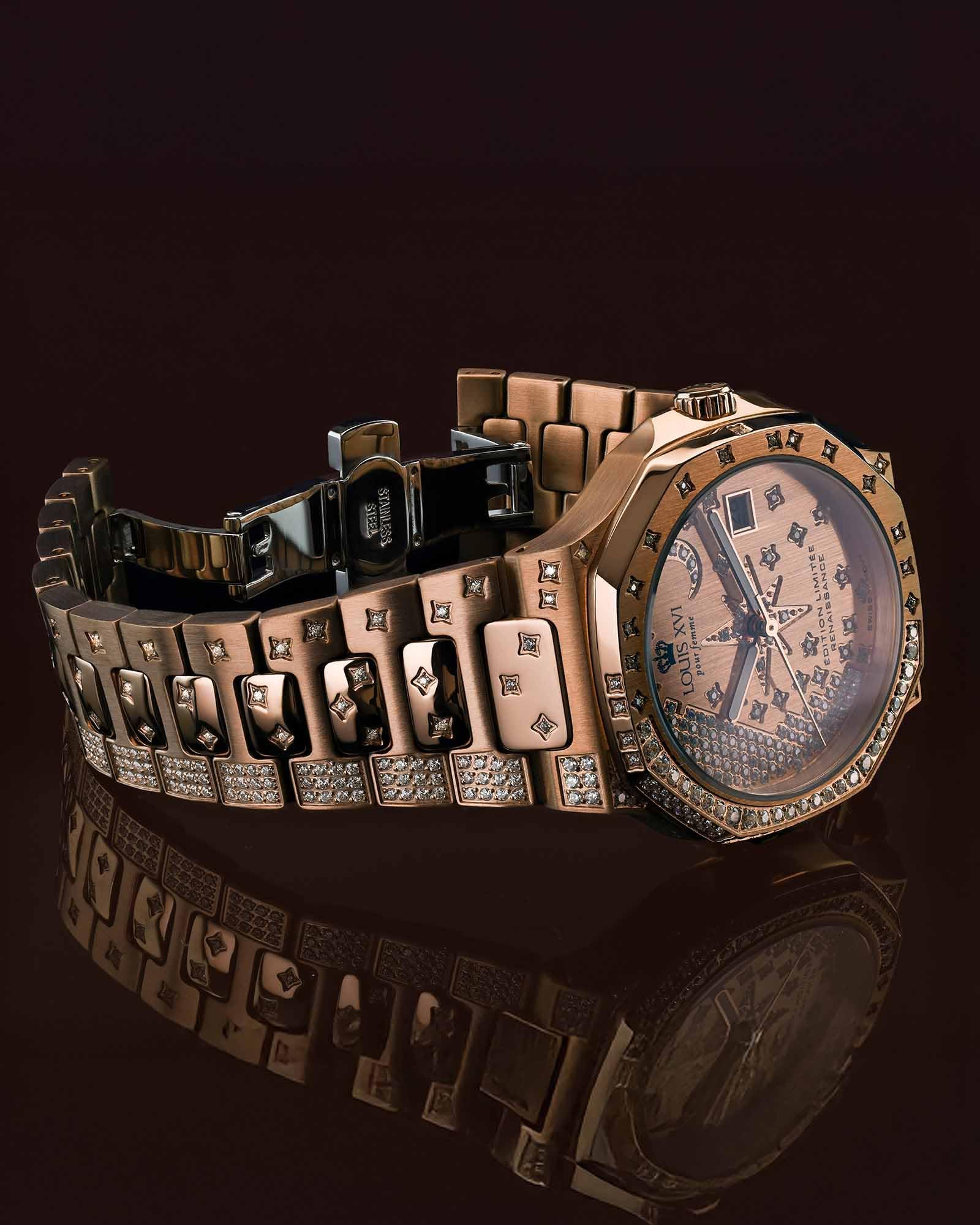 LOUIS XVI Renaissance Femme 6110 - Ø 35 mm - Damen Uhr - Wasserdicht - Armband Roségold - Zifferblatt Stars Edition Roségold mit Diamanten - Schweizer Quarzwerk