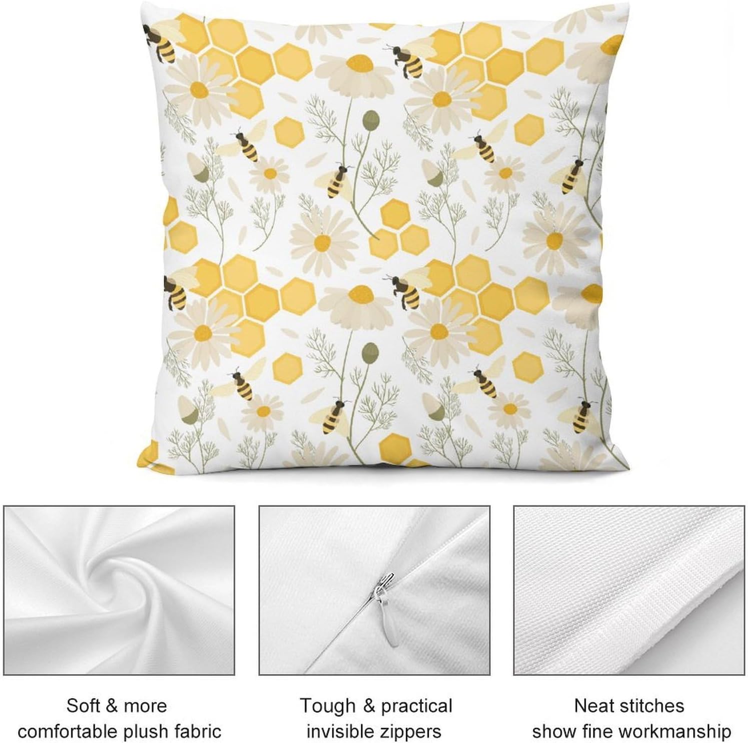 Honey Bee Pillow Cases Bee Flowers Leaves Bees Honeycombs Rustic Decor Throw Pillow Covers Cozy Soft Pillowcase Cushion Cover for Living Room Bedroom Couch Bed (2Pcs Set), 20 "x20
