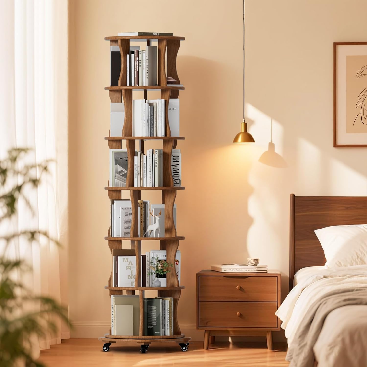 6 Tier Solid Wood Rotating Bookshelf with Wheels, Round Revolving Bookcase Organizer, 360° Spinning Storage Shelf for Corner, Small Narrow Spaces, Home, Office, BedRoom,Living Room,Study Room