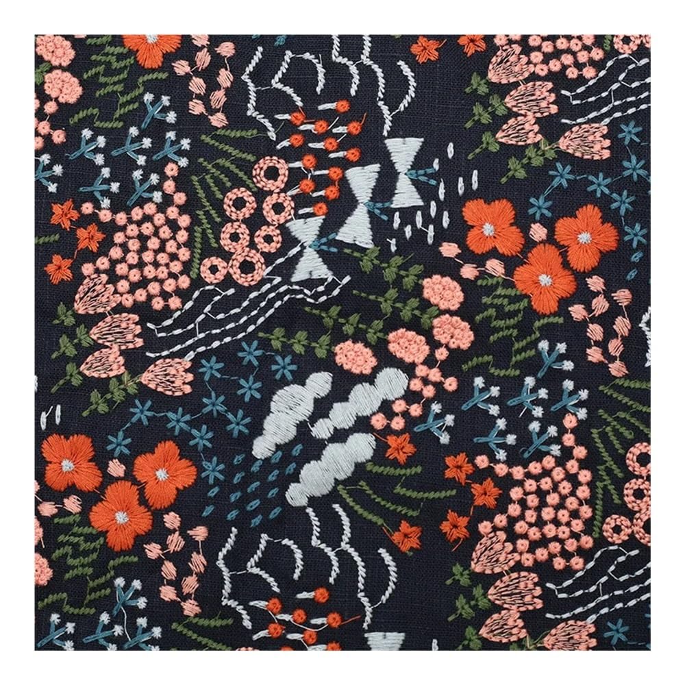 Kwiatowa haftowana tkanina bawełniana i lniana bawełniana tkanina do szycia, sukienka odzież (ciemnoniebieska, 45 cm x 125 cm (0,5 metra)