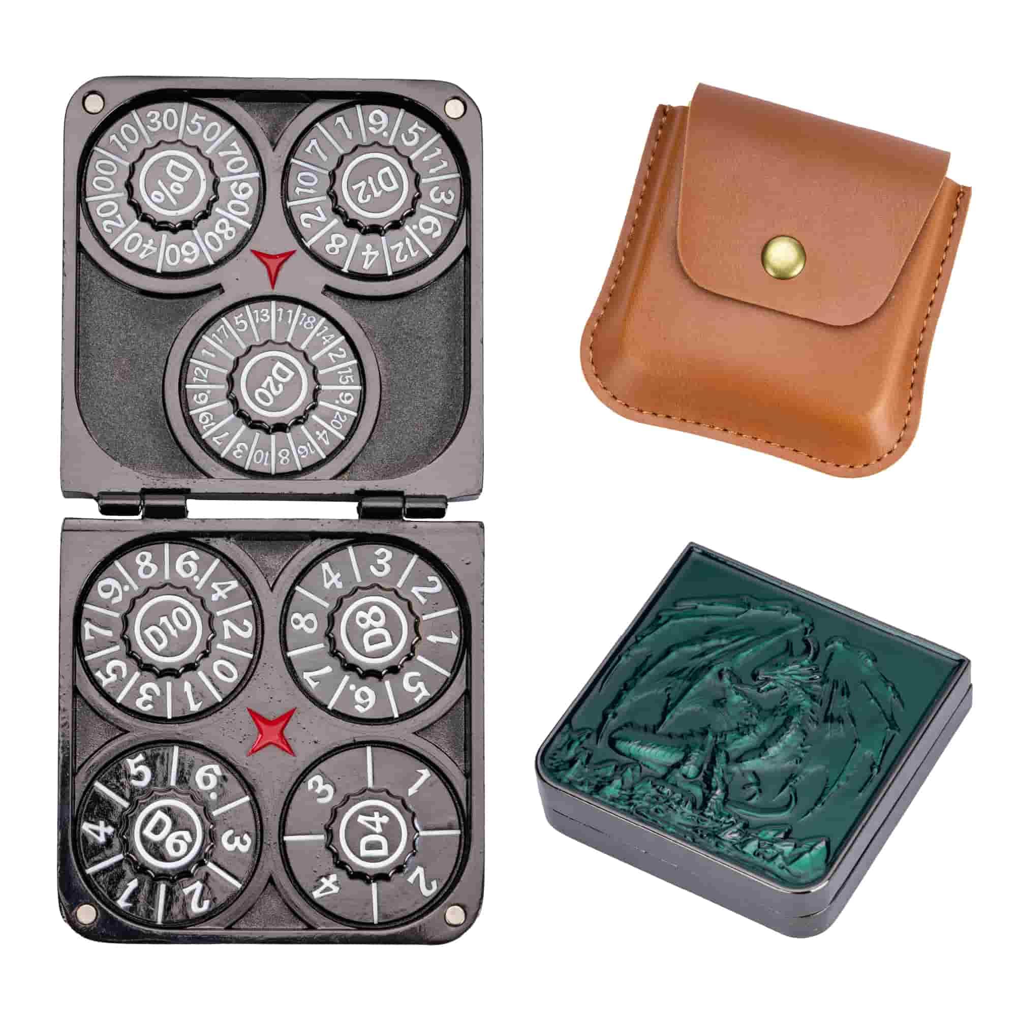 cusdie 7-in-1 Foldable Spinner Metal DND Dice Set with PU Leather Bag – Compact Design with D4, D6, D8, D10, D12, D20, D% for Role Play Game Gifts