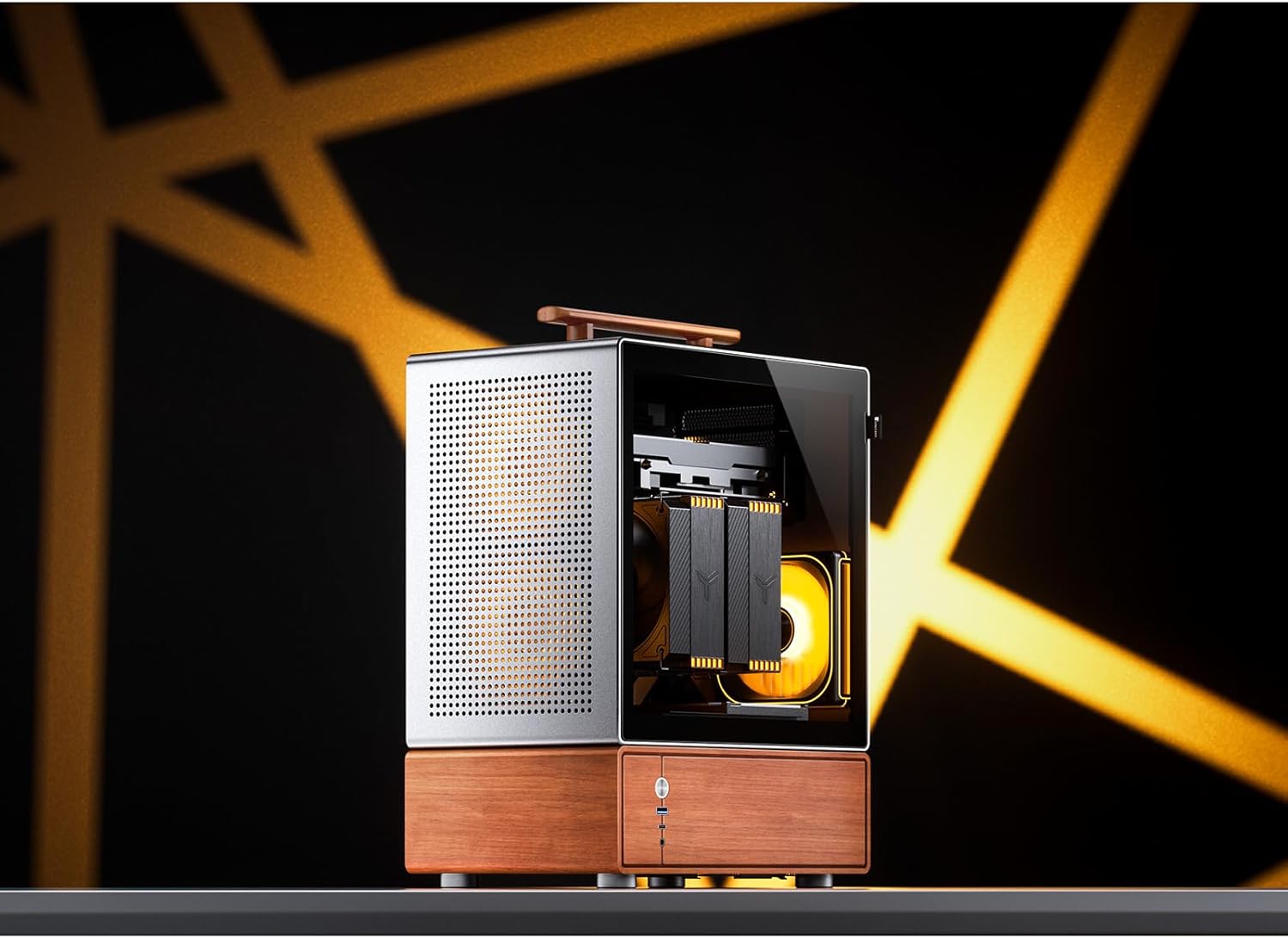 JONSBO T7 Silver Micro ATX PC Case, Aluminum Chassis, with Multifunctional Handle, Solid Wood Veneer Desktop Computer Case, MB:MicroATX/ITX,GPU 280mm,PSU ATX 220mm,Place on The Left Silver