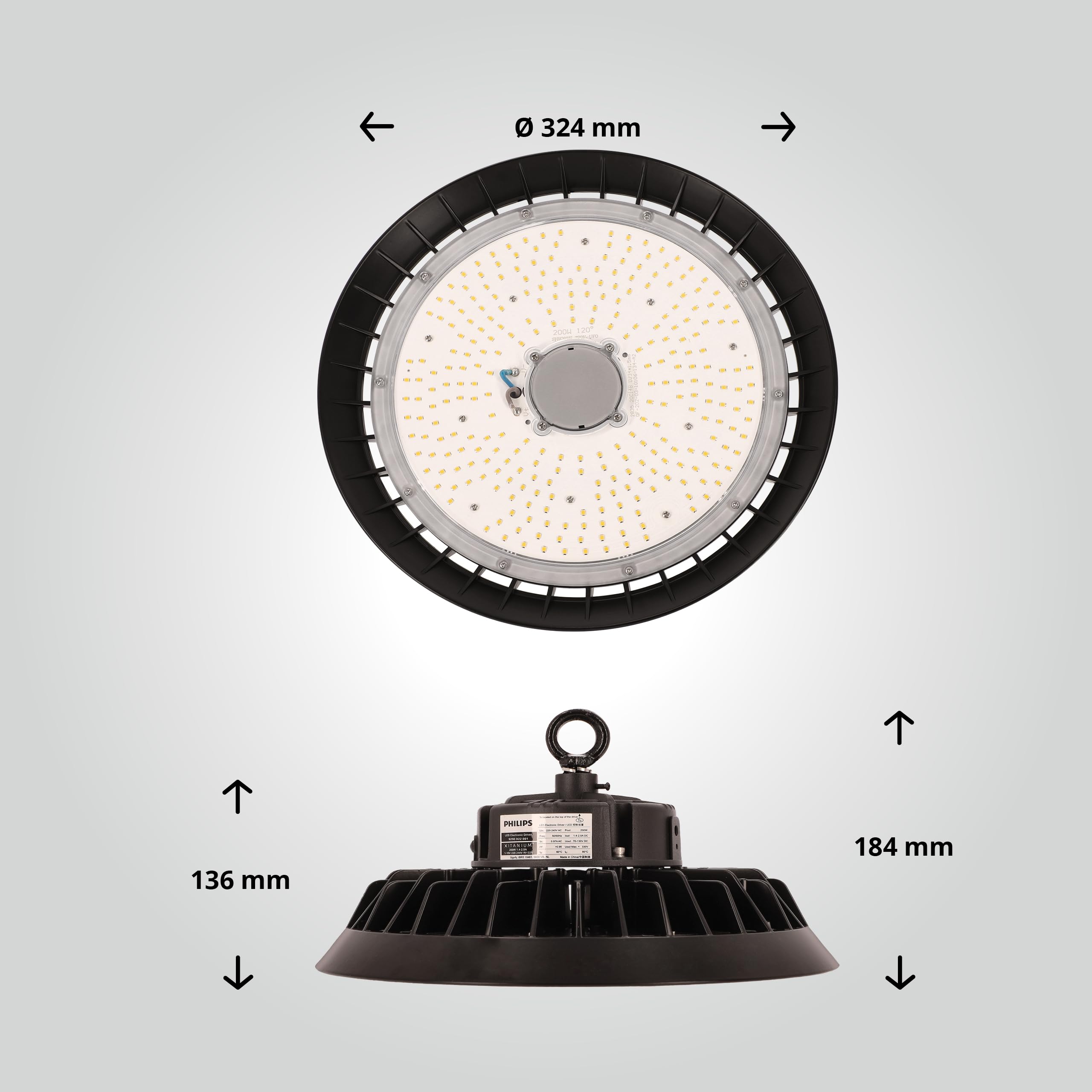 LED High Bay Hallenstrahler 200W mit PREMIUM-Marken-Treiber dimmbar (1-10V) warmweiß 3000K 28.000lm 140lm/W 120° IP65 Industrielampe Werkstattbeleuchtung Ø324xH136mm 5 Jahre Garantie