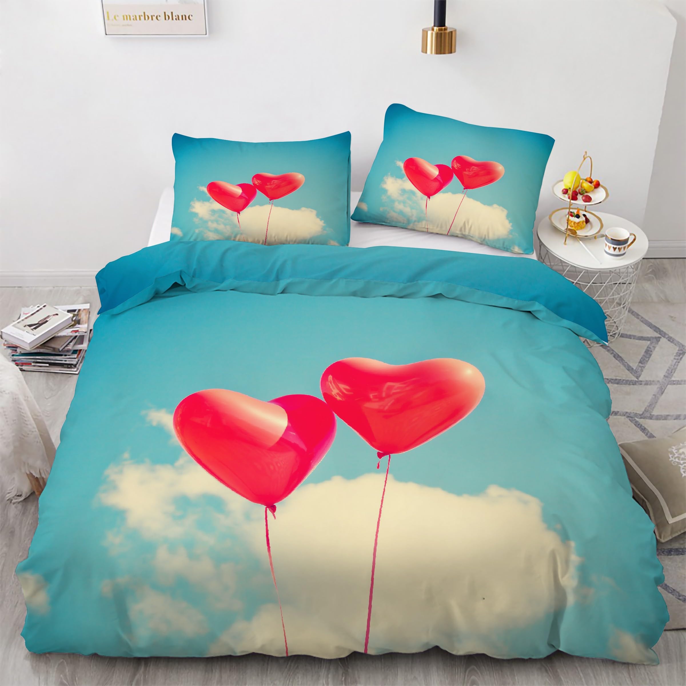 Housse de Couette 220x240 Ciel Bleu Parure de Lit Ballons d'amour Ensemble Literie Microfibre