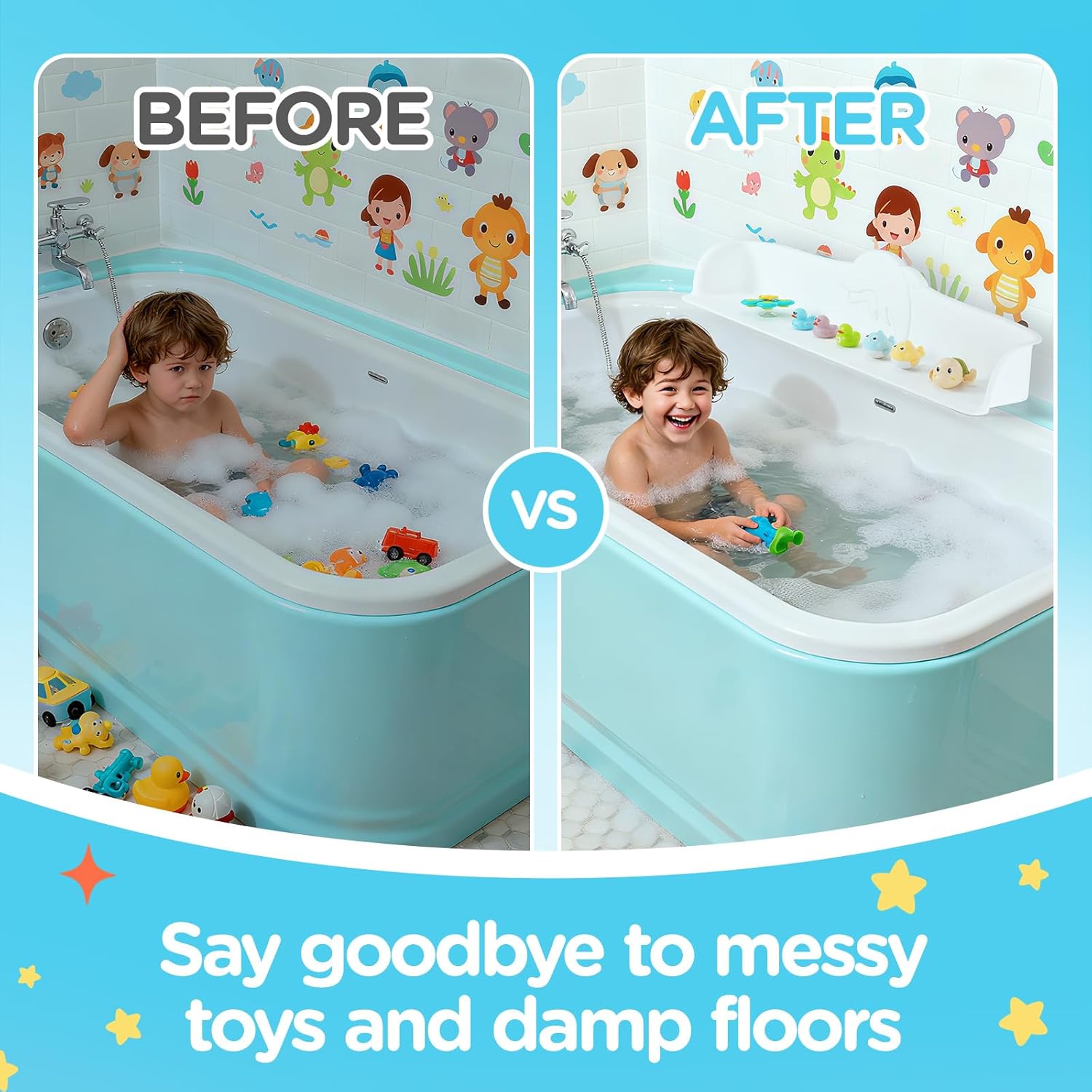 3FT Dolphin Pattern Bathtub Splash Guard Play Shelf for the Wide &Straight Bathtub Edge Toy Tray Caddy Holder Storage Suction Cups Attach to Bath Tub No Mess Water Spill in Bathroom (White)