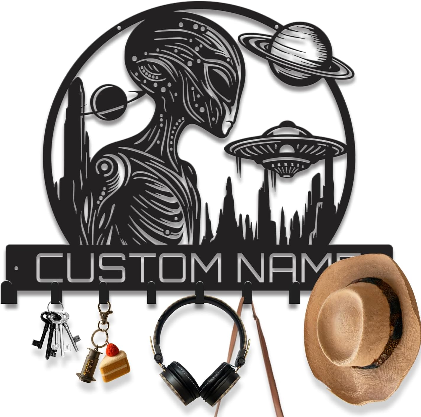 Personalized Alien Entryway Wall Key Holder, Metal Sci-Fi Key Hanger Mount with Galaxy UFO, Unique Space Themed Decor, Cosmic Wall Organizer and Coat Hooks (Alien-6)