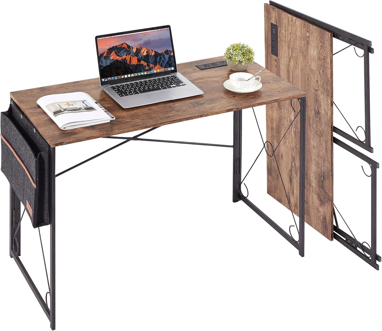 VECELO Folding Desk with with USB Charging Port 39 Inch Writing Desk with Storage Bag Sturdy Steel Laptop Table for Home Office Work Retro Brown