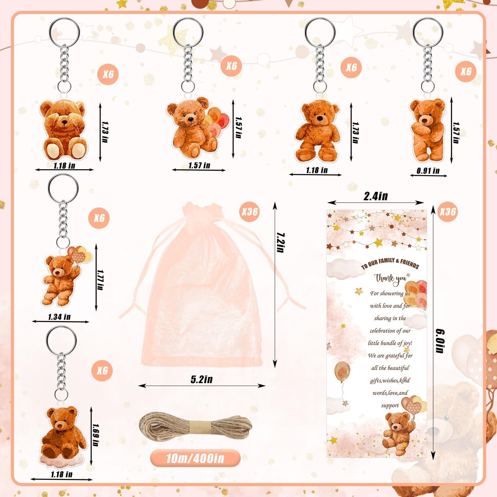 145 Stück Gastgeschenke für Babypartys, brauner Teddybär-Kugelschreiber und Schlüsselanhänger, Geschenke, Großpackung, einziehbare Babyparty-Stifte, Grußkarten, Souvenirs, Preise