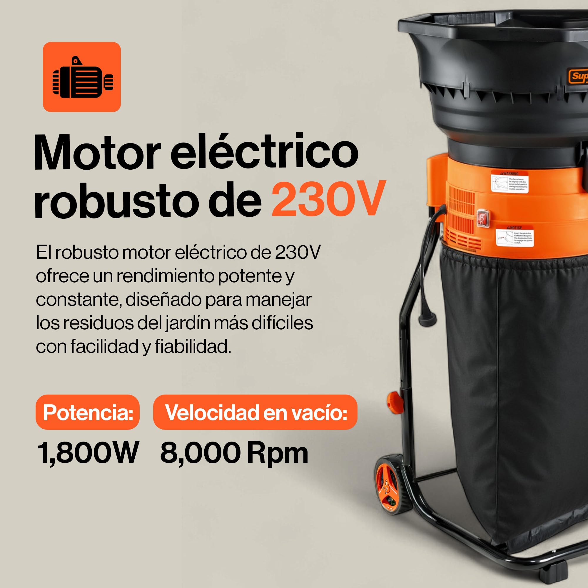 SuperHandy Mulcher & Trituradora sin Cuchillas Eléctrica para Hojas de Jardín – Motor de 1800W, Embudo de 50 cm, Relación de Mulch 16:1, Bolsa de Recolección de 80 L, Diseño Ligero de 8,5 kg