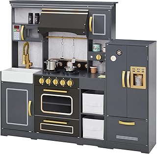 Little Chef Colonie Wooden Play Kitchen with Accessories Grey Includes Fridge with Ice Dispenser, Microwave, Coffee Maker & Cookware