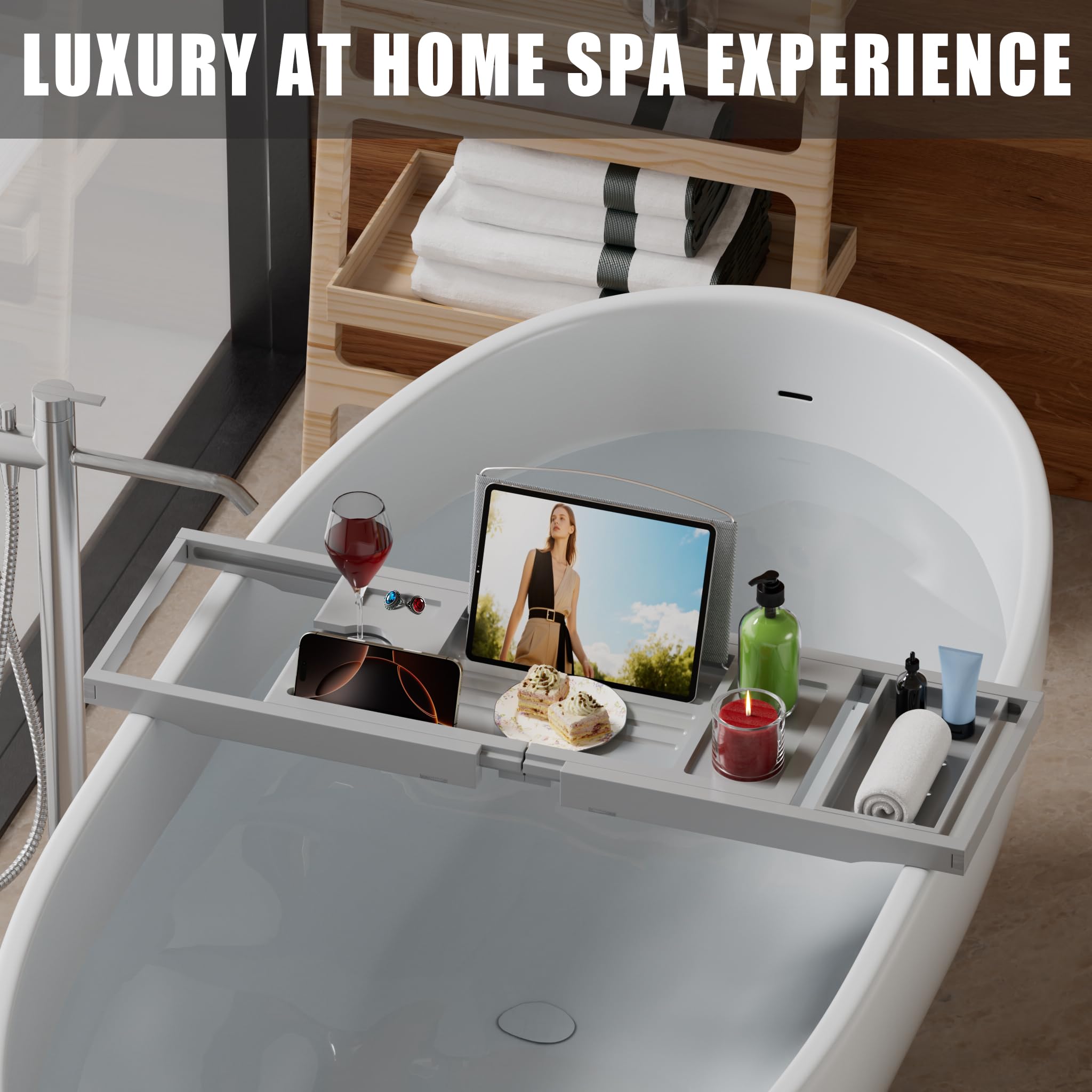 Bandeja plegable para bañera, bandejas expandibles de bambú para mesa de baño, accesorios de baño de primera calidad para el nuevo hogar, día de la madre y regalos de cumpleaños para parejas, color