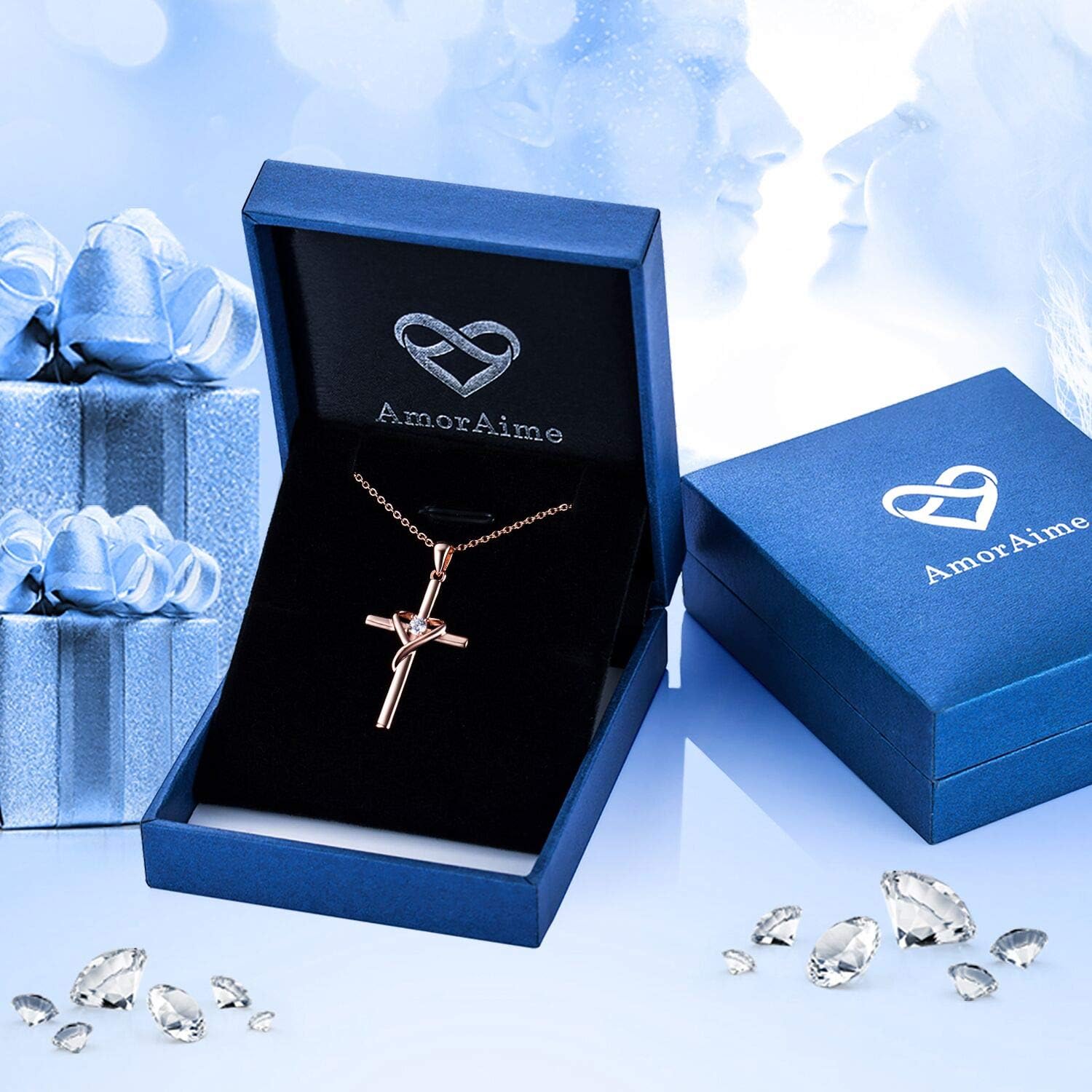 AmorAime 925 Sterling Silver Cross Necklace for Women Men 14K Gold Plated 5A CZ Birthstone Necklaces for Holiday
