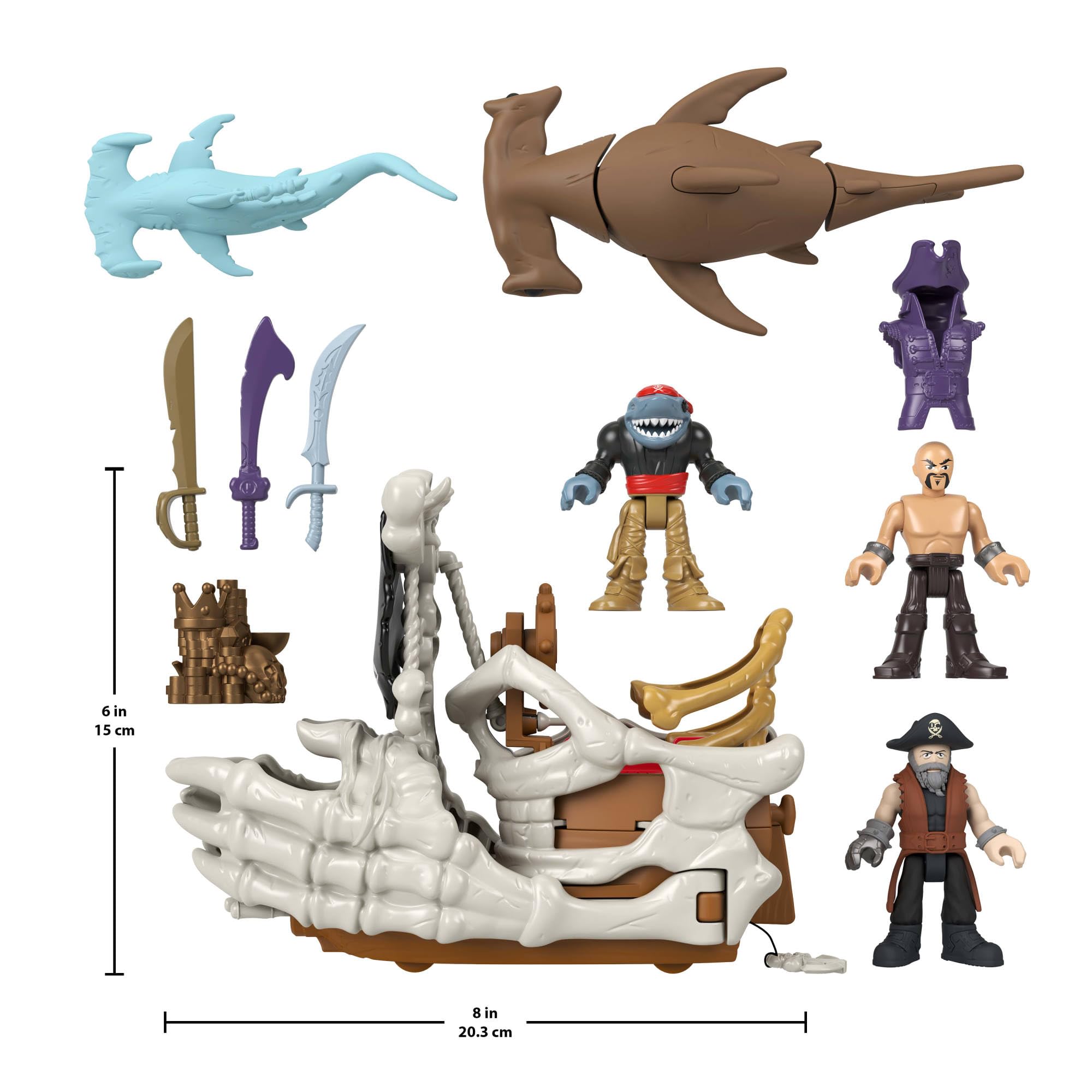 Imaginext - La Nave Di Billy Bones, nave giocattolo con mani scheletriche e lanciatore, il set include 3 personaggi, 2 creature marine e 7 accessori a tema, JLC51