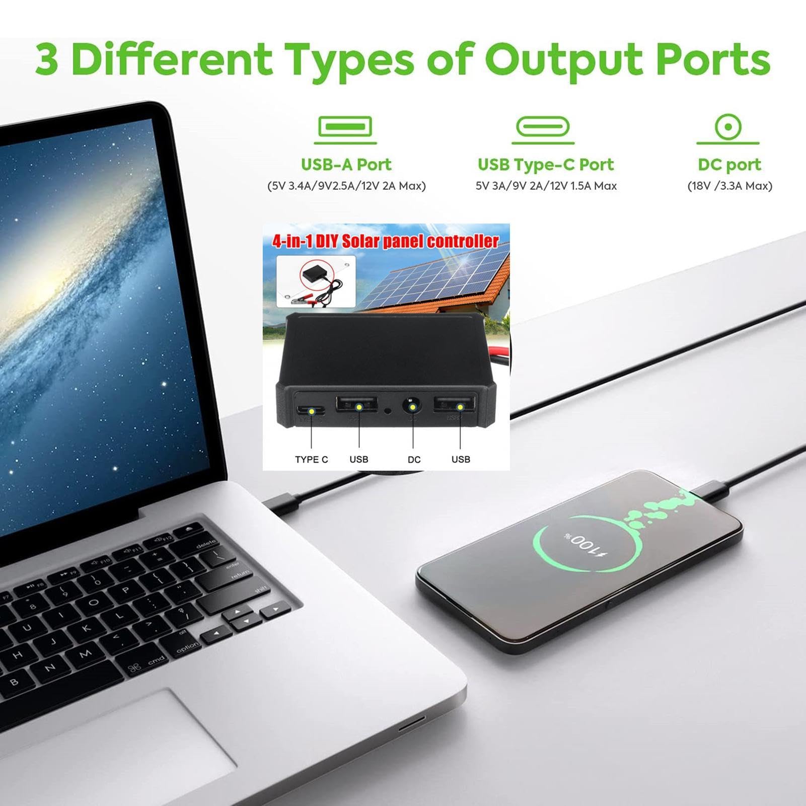 Kit di pannelli portatili,Caricatore solare pieghevole da 60 W con | morsetto per batteria e cavo CC | Kit pannello solare per campeggio, camper, marina, telecamera con 2 uscite USB
