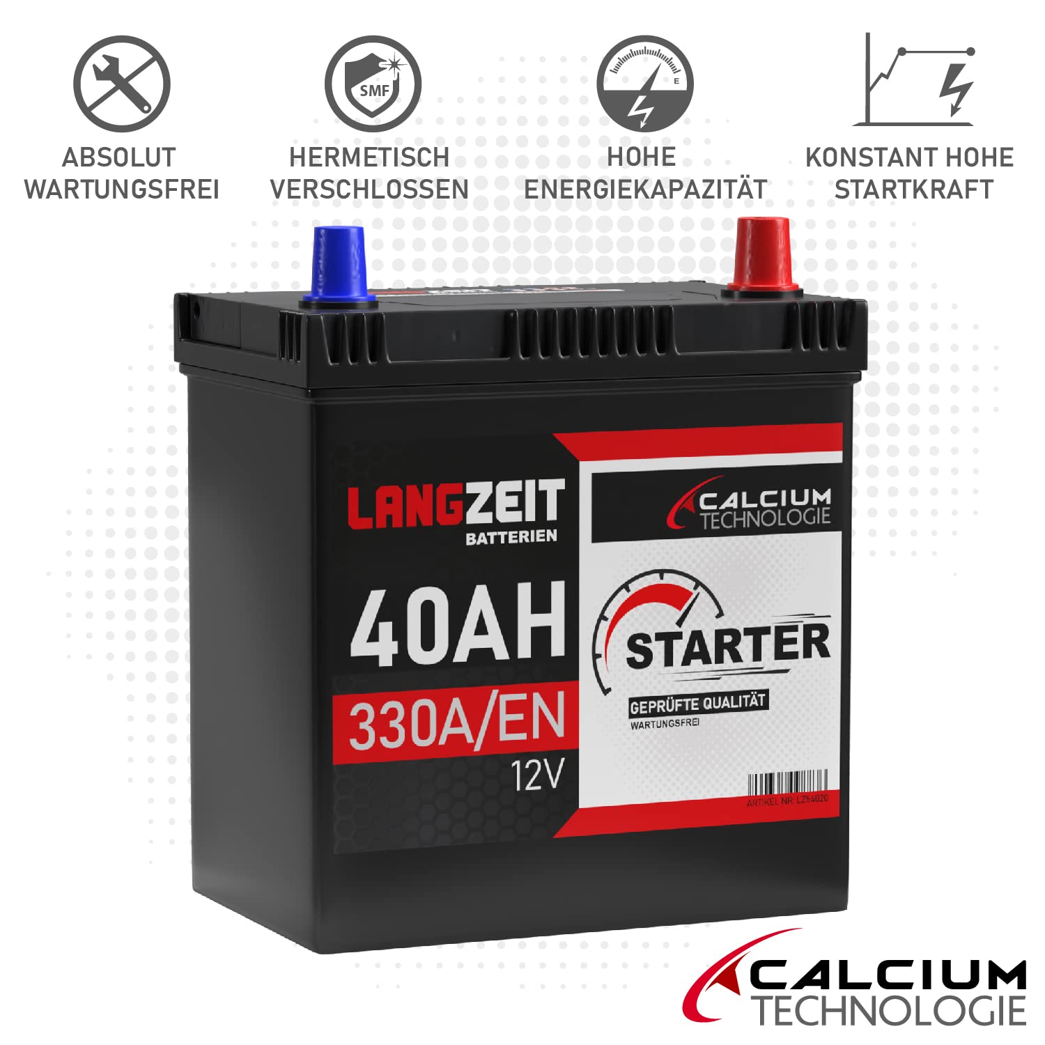 LANGZEIT ASIA Autobatterie 40Ah 12V 330A/EN ASIA Batterie Plus-Pol Rechts 30% mehr Startleistung ersetzt 35Ah 36Ah 38Ah 42Ah