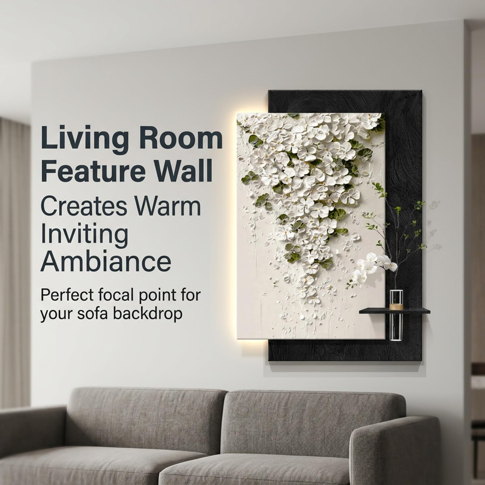 3D LED Wandbild mit Sandstein Relief, moderne Wanddekoration mit Vase | Handgefertigte Sandsteinoptik, integrierte Hydrokultur-Vase, dimmbare LED-Beleuchtung(A,39*59IN_LED+MOTION)