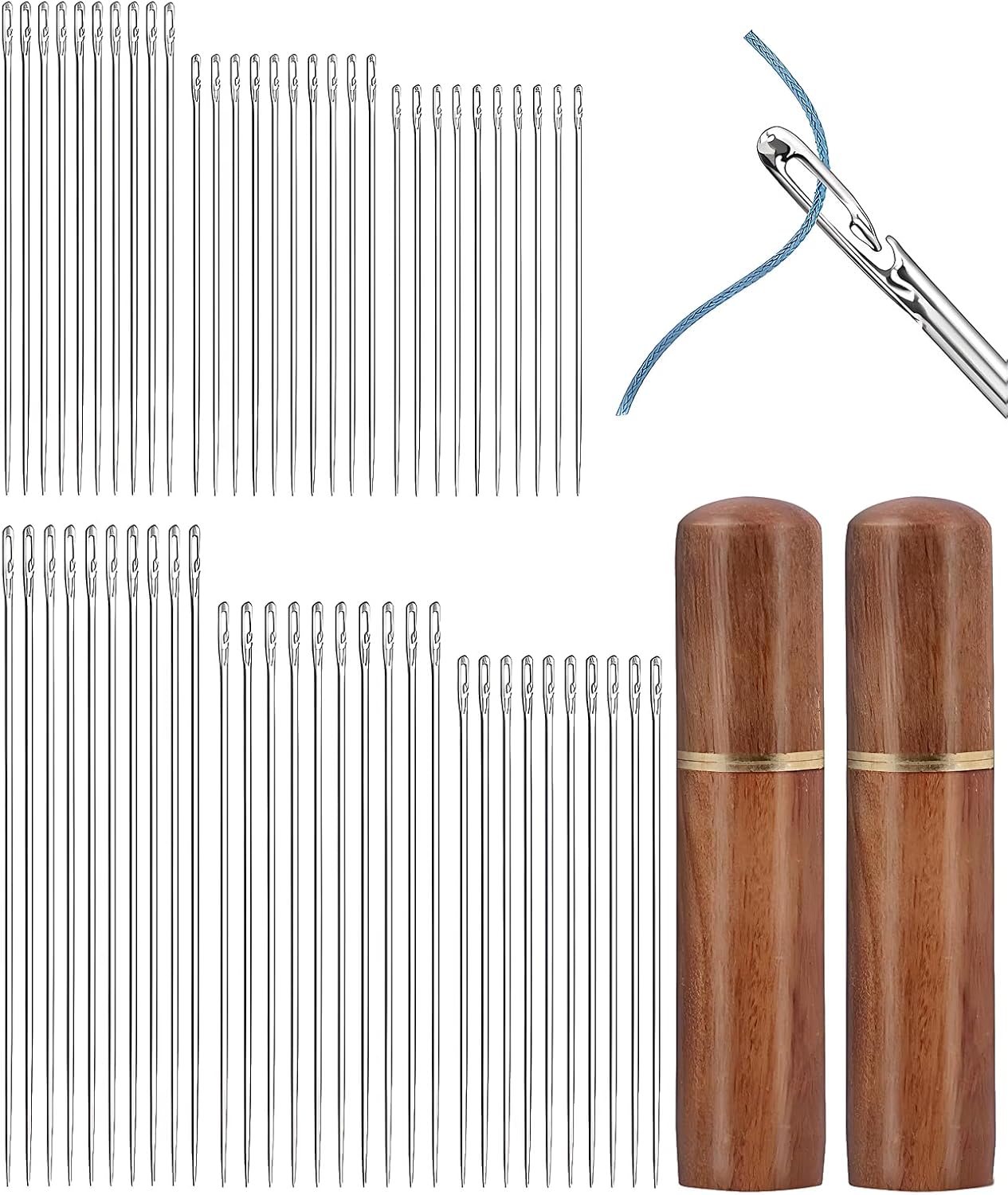 Gaahkai 60PCS Self Threading Needles, 6 Sizes Side Opening Large Eye Embroidery Needles for Hand Sewing with Wooden Case