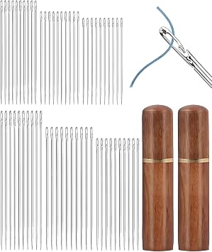 Gaahkai 60PCS Self Threading Needles, 6 Sizes Side Opening Large Eye Embroidery Needles for Hand Sewing with Wooden Case