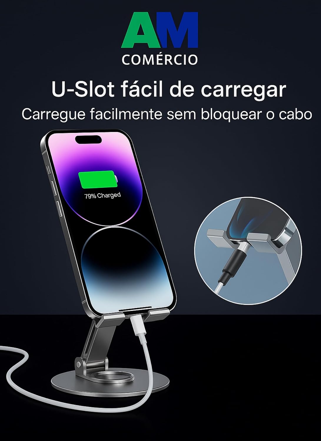 Suporte de Mesa para Celular e Tablet – Premium em Alumínio 360°, Dobrável, Ergonômico e Compatível iPhone e iPad
