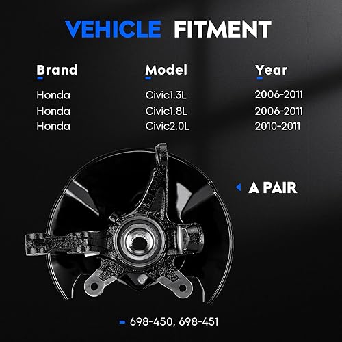 Vista 18 de Conjunto de cubo de cojinete de dirección y cojinete de rueda delantero derecho compatible con Honda Civic 1.3L, 1.8L 2006-2011, reemplazo