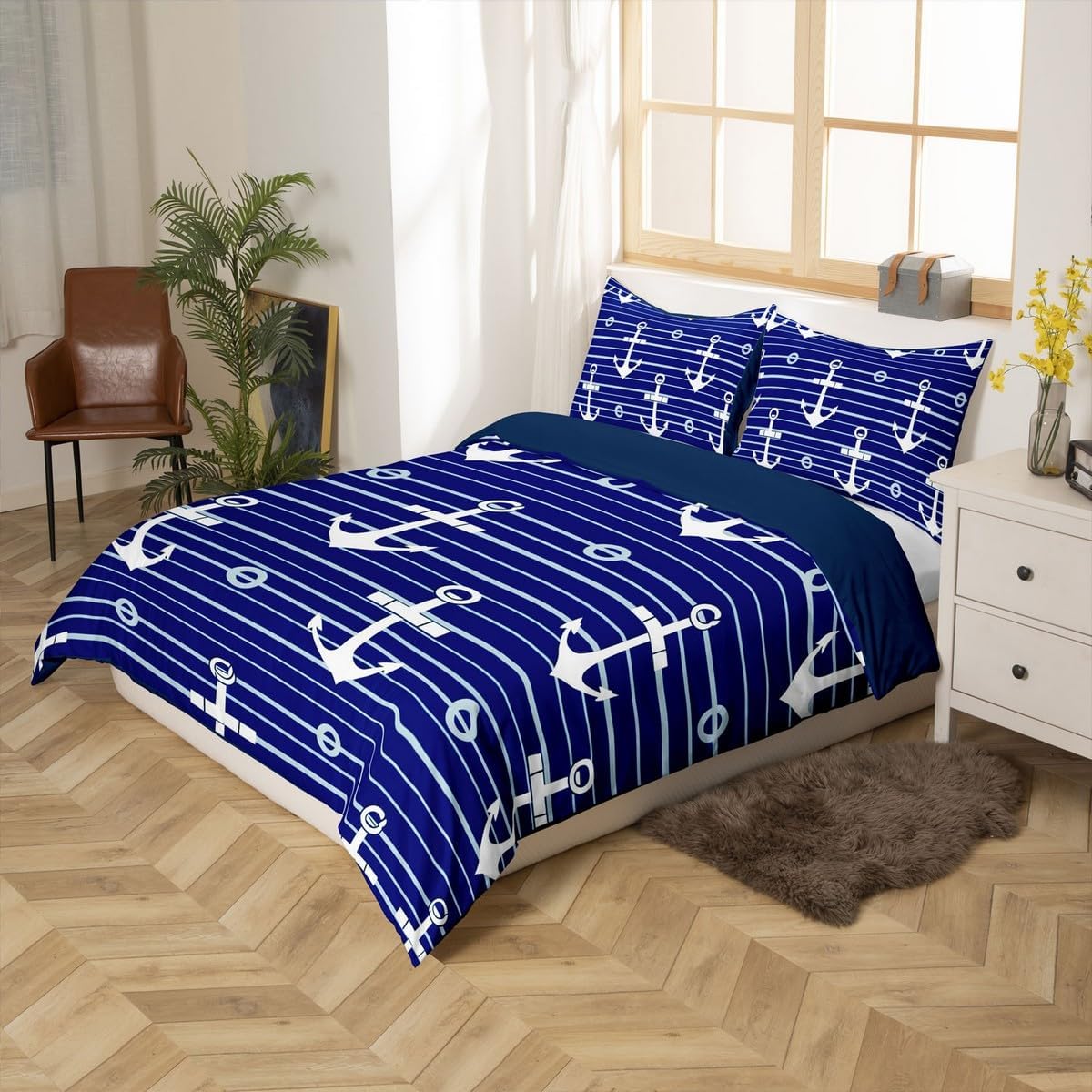 jejeloiu Nautical Anchor Duvet Cover Ocean Adventure Themed Bedding Set Toddler Size for Kids Boys Girls Teens Room Decor Summer Anchor Comforter Cover,No Comforter