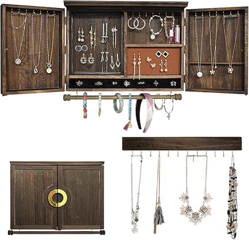 Organizador de joyas rústico montado en la pared con decoración de madera de granero, soporte para joyas para collares, aretes, pulseras, soporte