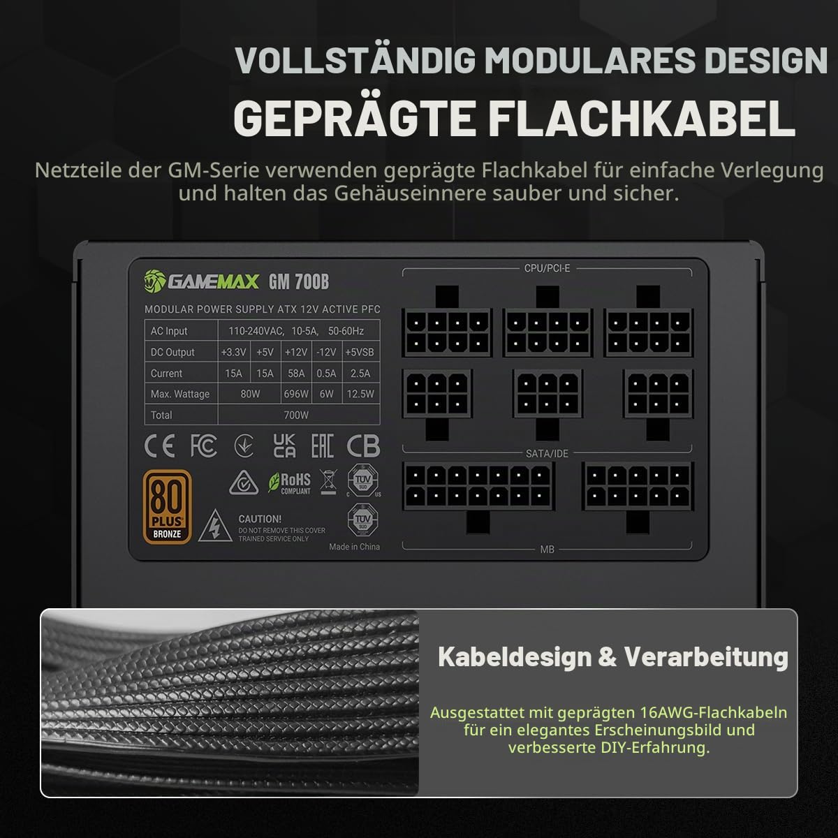GAMEMAX GM 700B Netzteil PC 700 W, Vollmodular, 80 Plus Bronze, Active PFC & DC-to-DC, ATX Single 12V Rail, 140 mm Lüfter, Hochwertige Kondensatoren, 7 Schutzfunktionen, 5 Jahre Garantie, Schwarz