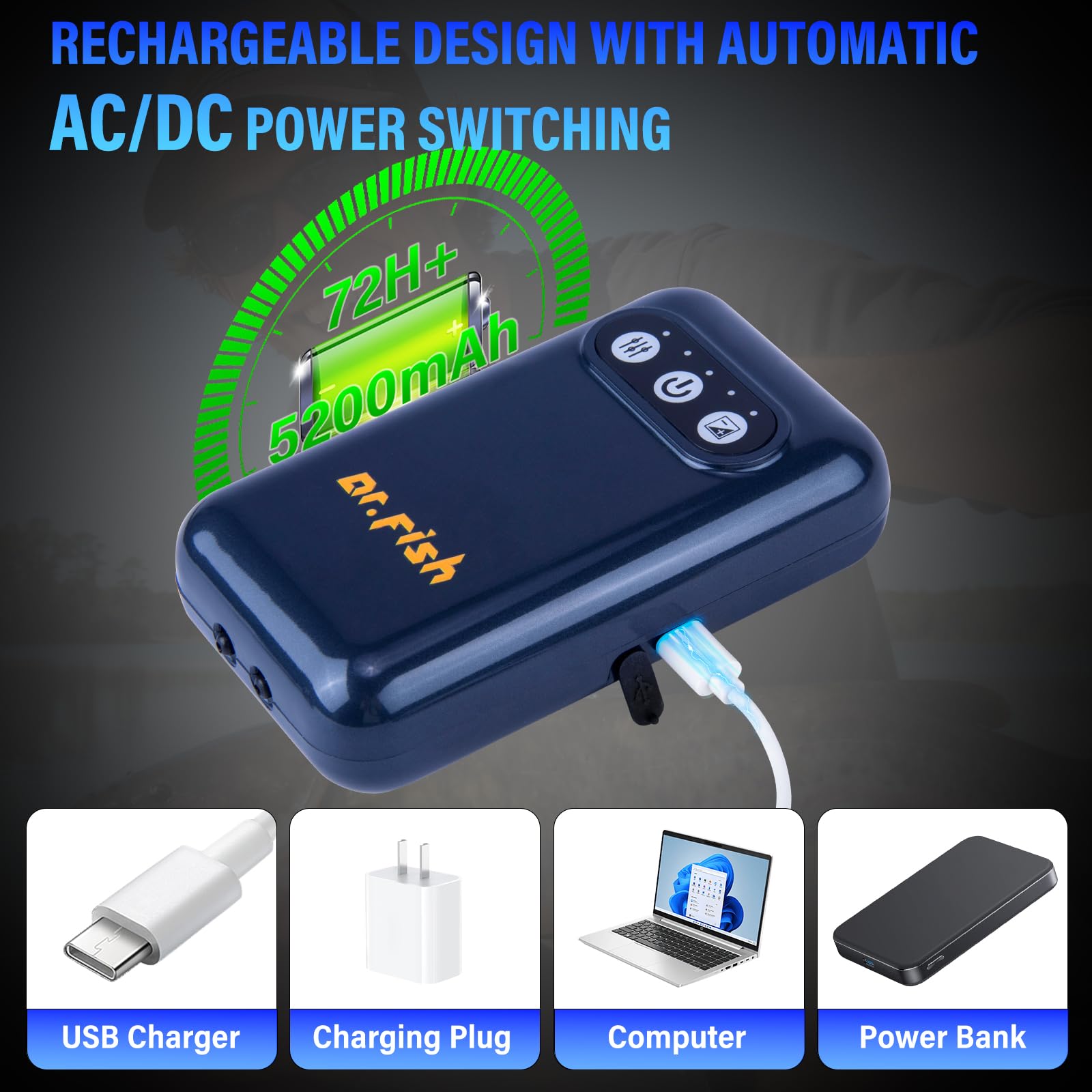 Dr.Fish Pompa ad aria per acquario, alimentata a batteria da 2600 mAh/5200 mAh, ricaricabile tramite USB, fino a 72 ore di durata, silenziosa, per pesca all'aperto