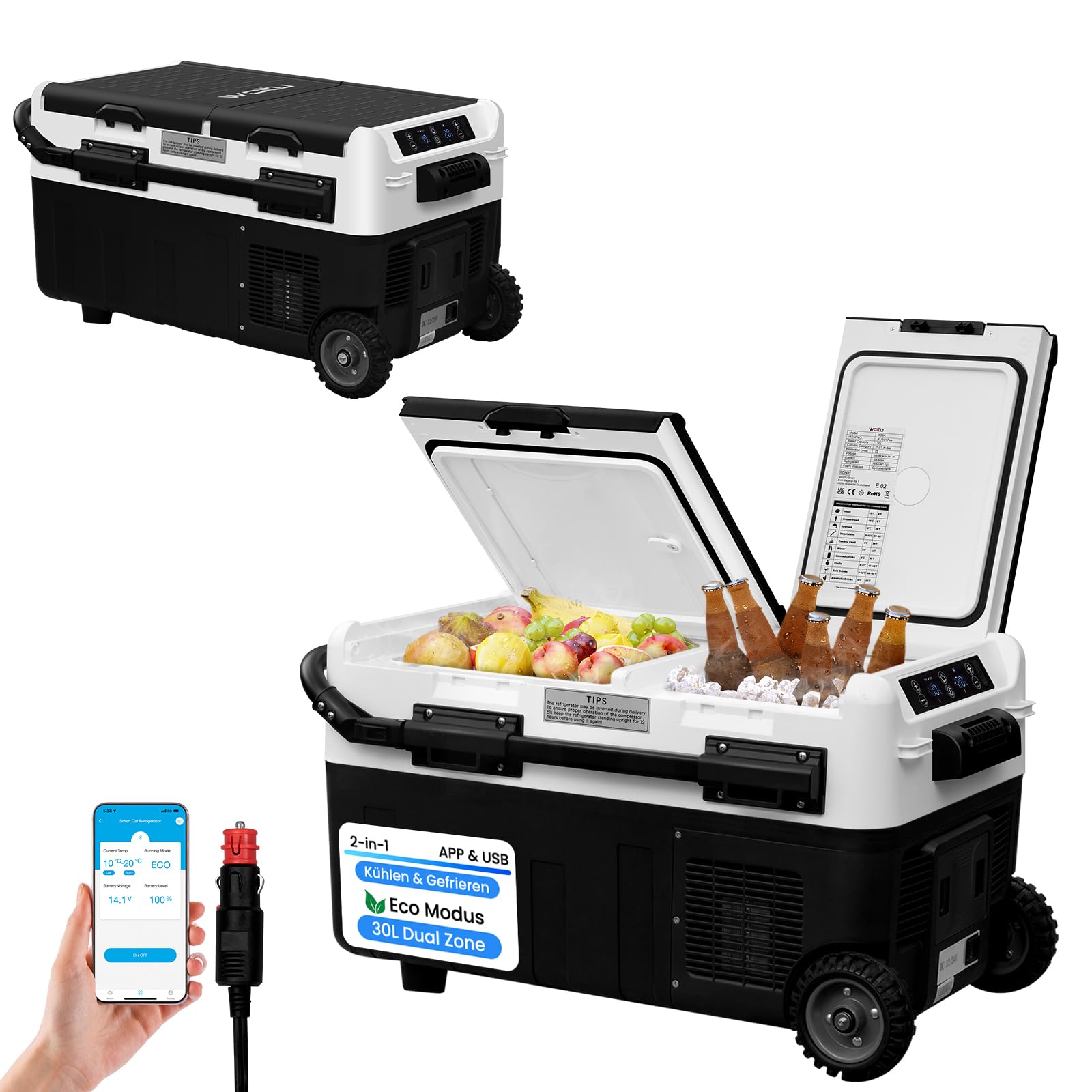 WOLTU Nevera Eléctrica para Coche 30L, Refrigerador Portátil Modo Eco, Congelador de Compresor DC 12/24 V, Mini Nevera Portátil para Camping, Viaje, Coche, Barco, Negro+Blanco