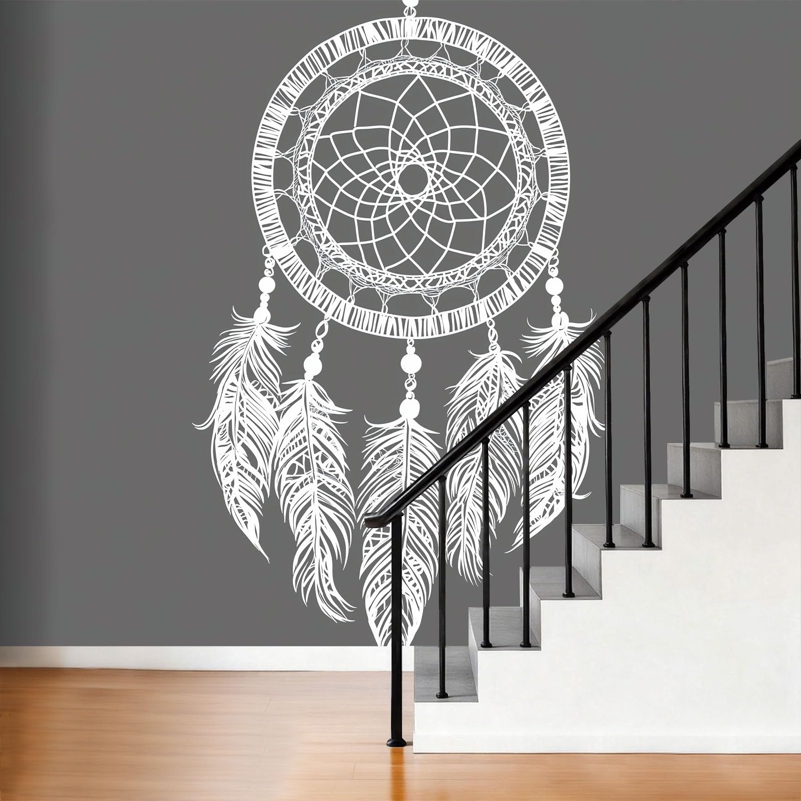 Boho Fototapete B250 x H175 cm Wandtapete, Geometrisch Traumfänger Federn Hochwertige Vliestapete für Wohnzimmer Schlafzimmer - Grau Moderne XXL Wanddekoration 3D-Effekt Wandbild Flur Büro