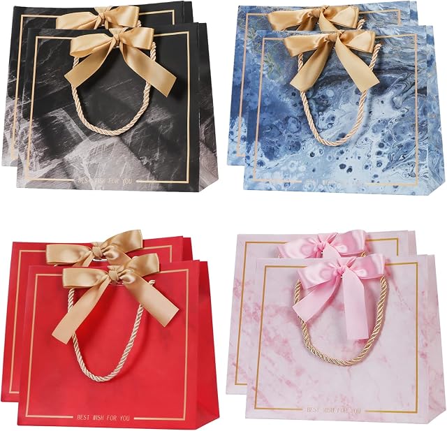 WWW 8 Pieces Gift Bag, Retro Style Colorful Gift Bag with Ribbon Bow,11.8x10.6x4.7inch Waterproof Paper Gift Bag for Holiday Birthday Wedding Party Christmas,Black+Pink+Gold+Red