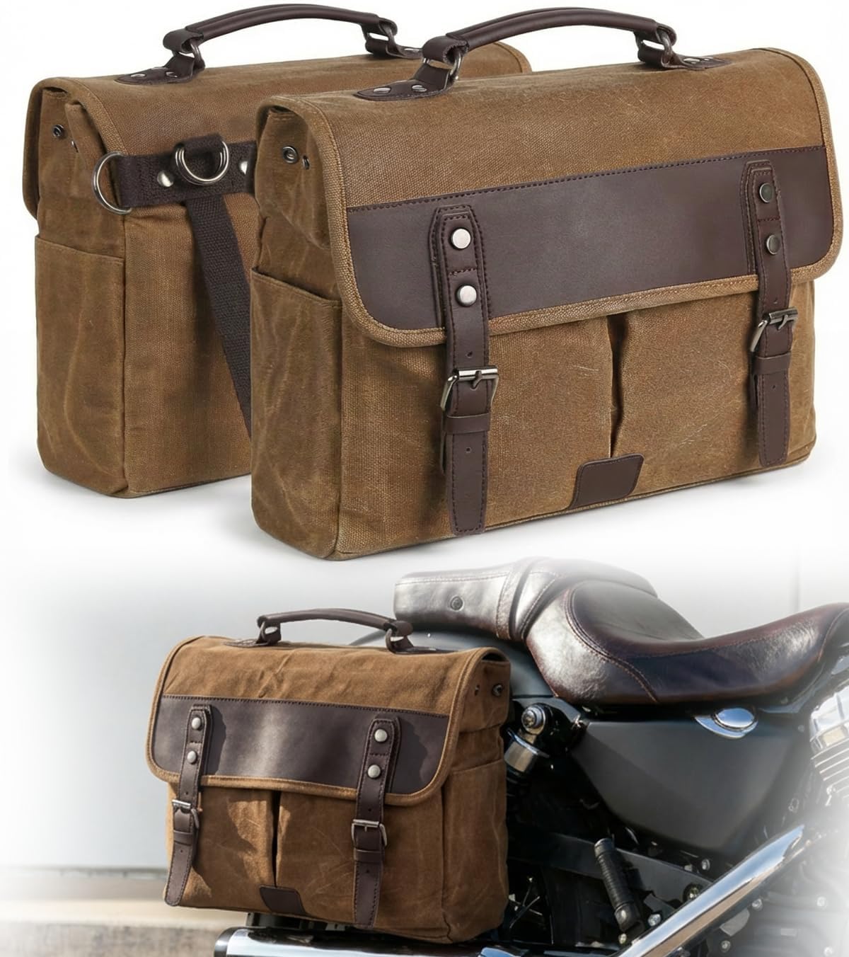Motorcycle Bags Vintage Motorcycle Saddlebag Large Capacity Side Bag Waterproof Canvas Luggage Bag Storage Panniers Removable Shoulder Strap Universal Fit for Adventure,Cruiser,Street (Brown*2)