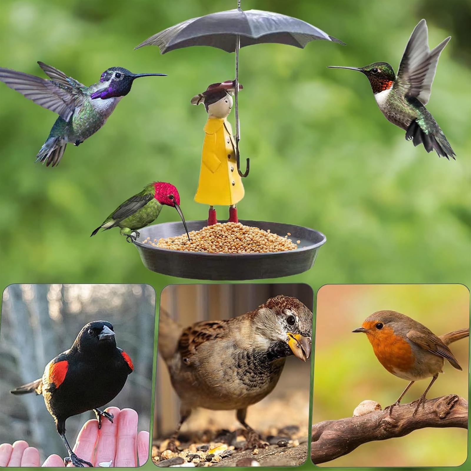 Comedero para pájaros en Forma de niña con Paraguas, comedero Exterior Colgante, comedero Exterior de Metal Trabajado, Ideal para los Amantes de los pájaros