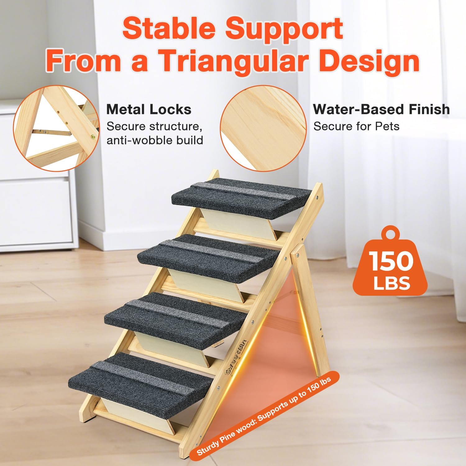 Wooden Dog Stairs& Dog Steps, 2-in-1 Foldable Dog Steps for High Beds, Couch and Cars, Anti-Slip Pet Ramp with 4 Steps Indoor Pet Stairs for Small Medium Large Older Pet Cats up to 150lbs