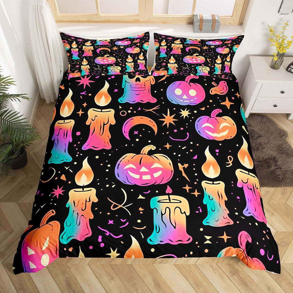 feelingyou Happy Halloween Duvet Cover Set Super King Size,Neon Pumpkin Candle Psychedelic Bedding Set,Adults Women Men Room Decor,Gothic Skull Starry Moon Glitter Quilt Cover,No Comforter