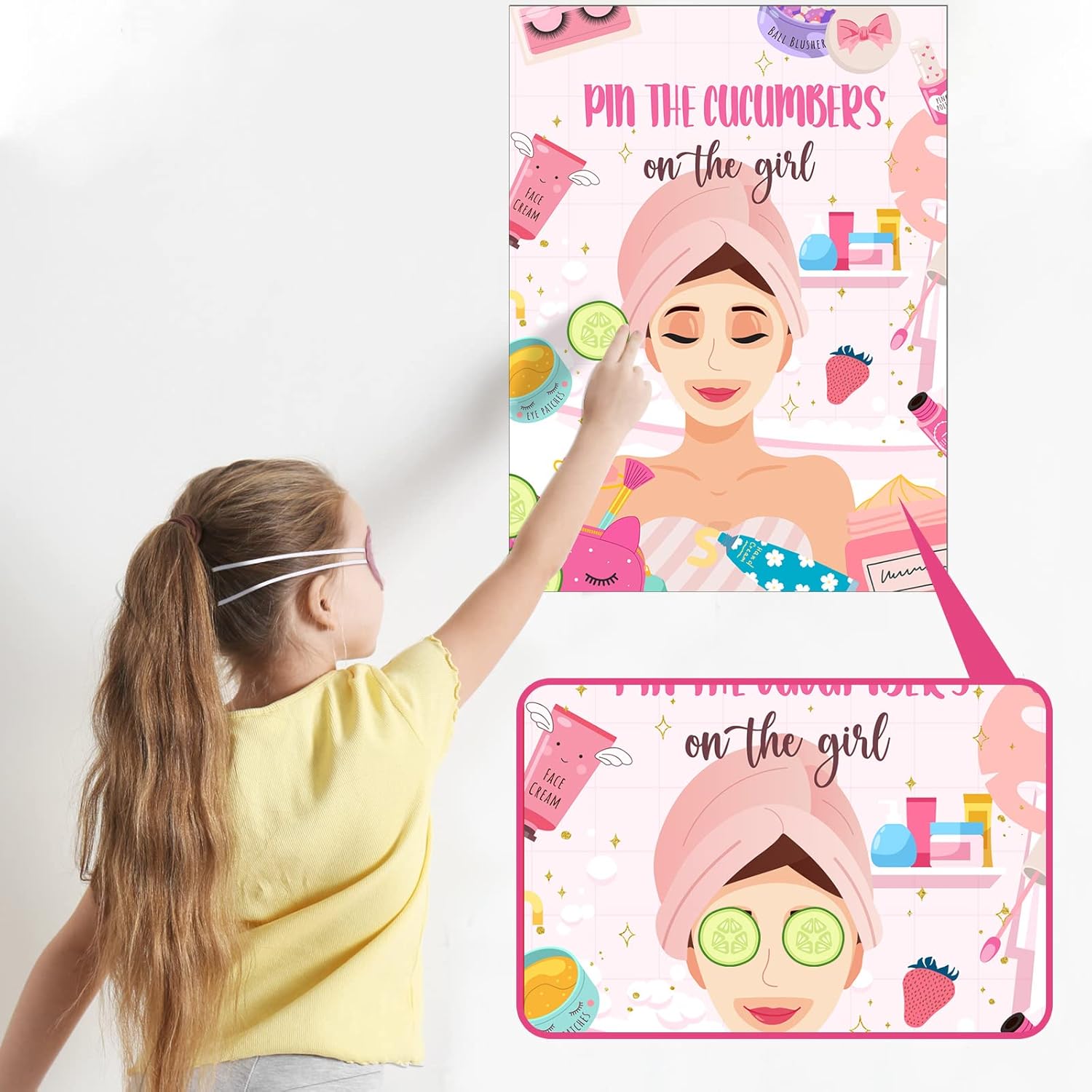 Ireer 38 Pieces Spa Party Games for Girls Kids Sleepover Party Supplies Pin The Cucumber on The Girl Spa Game Poster with Blindfolds for Kids Women Birthday Makeup Sleepover Supplies Decorations
