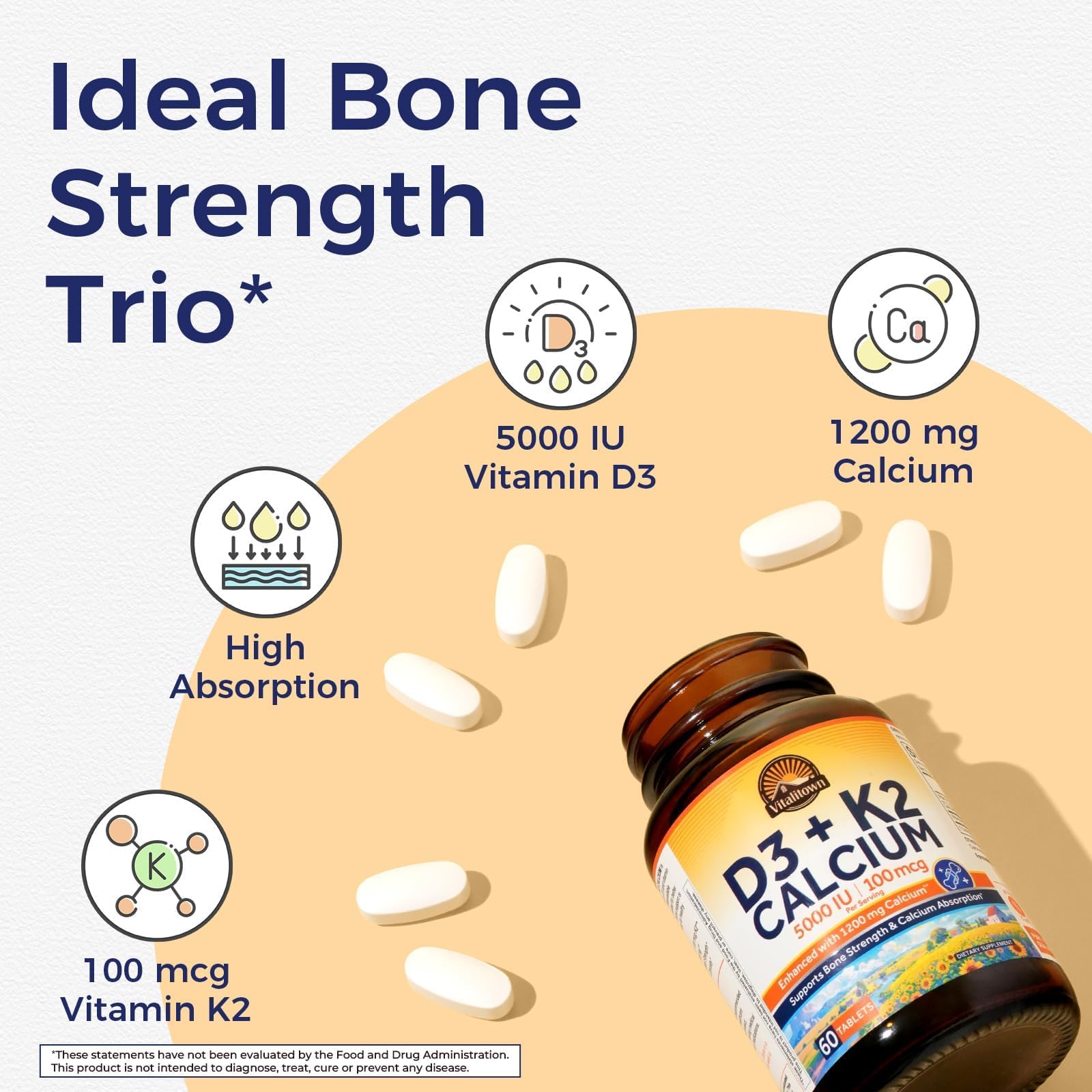 Vitalitown Vitamin D3 K2 Calcium 1200 mg for Women & Men, Vitamin D3 5000 IU, High Potency Bone Strength, Teeth & Immune System Support, Maximum Absorption, Easily Absorbable, 60 Tablets — Amazon image 3
