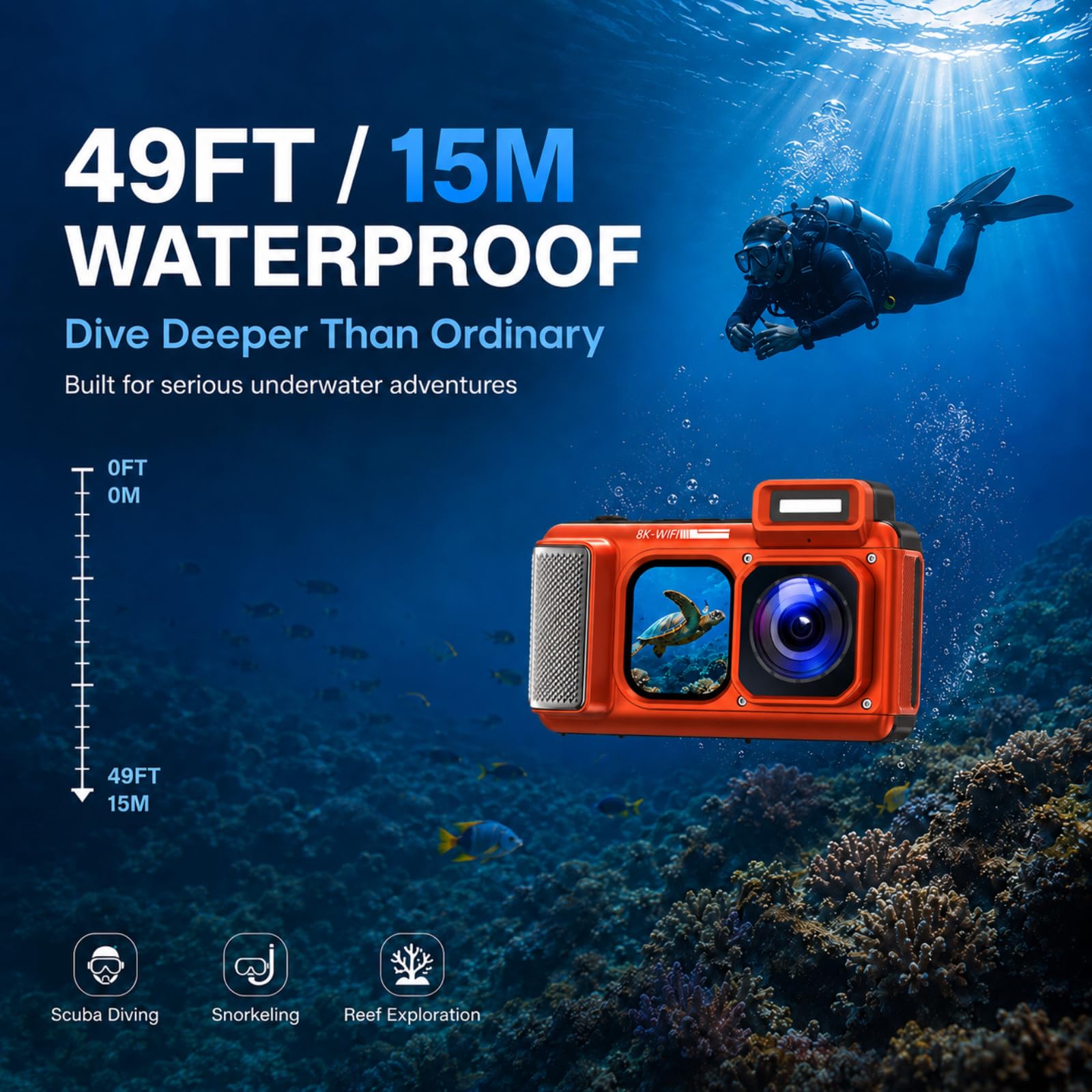 Maxmango V08 Pro 49FT Unterwasserkamera, 8K 90MP WiFi wasserdichte Digitalkamera mit 2,88-Zoll-Touchscreen, Staub- und Stoßfest, ideal zum Schnorcheln, Tauchen und Reisen,32GB Karte, Orange