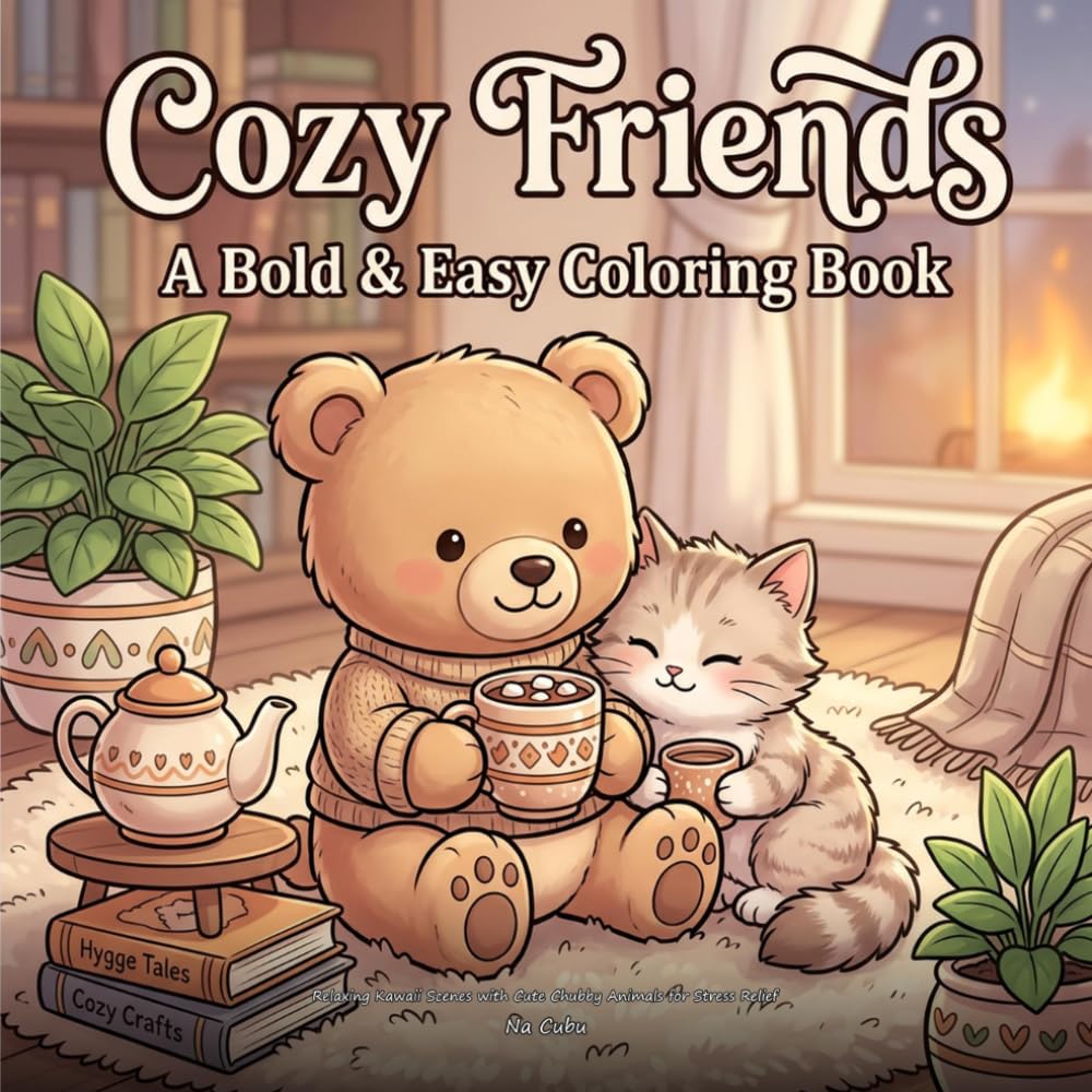 Cozy Friends: A Bold & Easy Coloring Book: Relaxing Kawaii Scenes with Cute Chubby Animals for Stress Relief