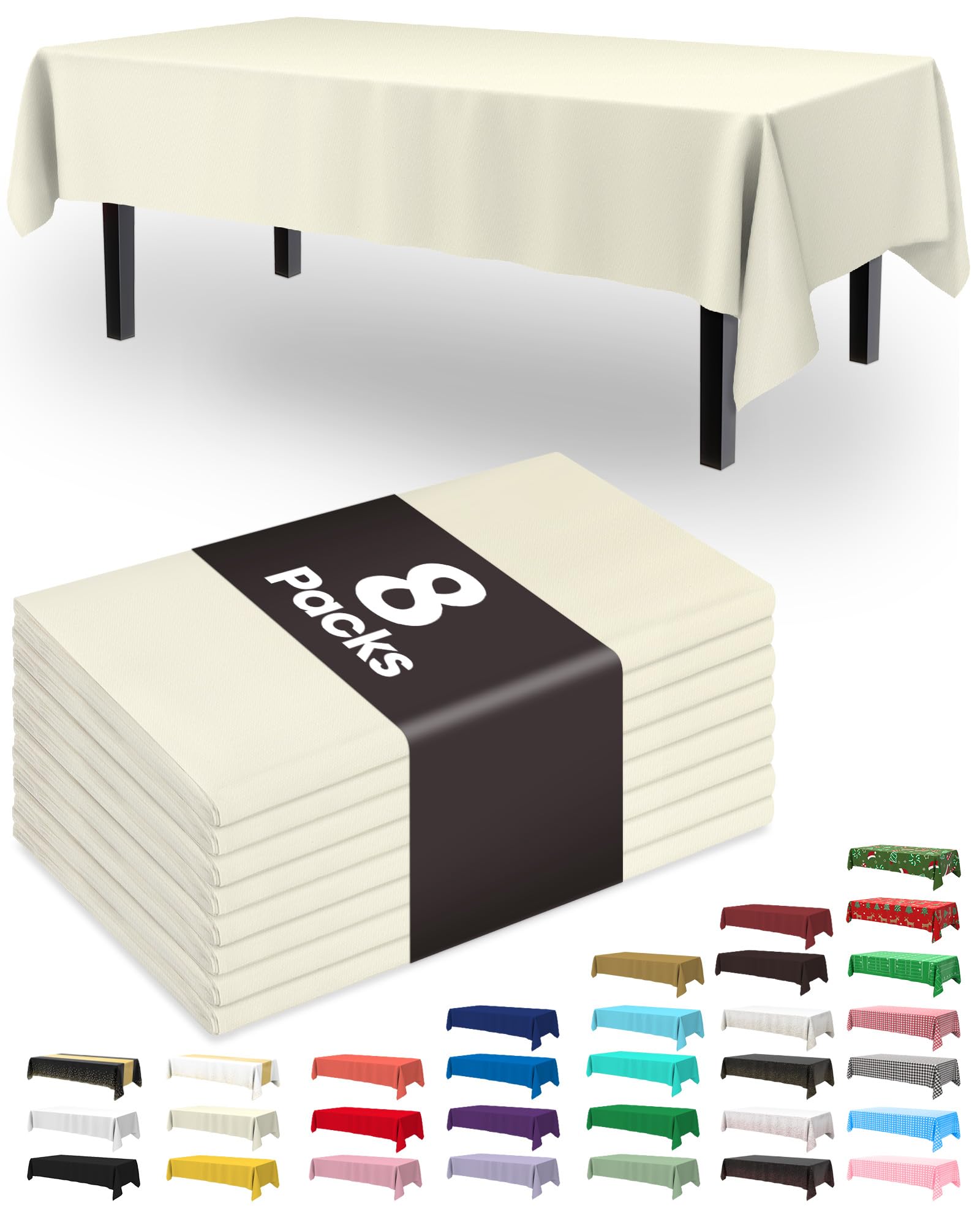 Pureegg Plastic Table Cloth Disposable 8 Pack, 54 x 108 Inch Table Cloths, Party, Wedding, Thanksgiving Decorations, Fall Tablecloths, Rectangle, Beige Plastic Cover, Leakproof &amp; Sturdy, Cream, Ivory