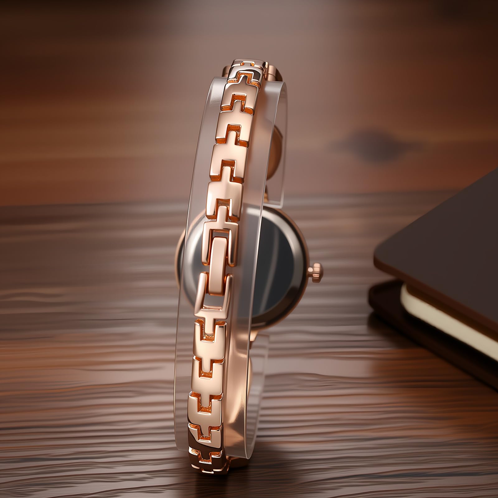 JewelryWe Reloj de pulsera gruesa para mujer: reloj de pulsera abierta de acero inoxidable en tono dorado, esfera analógica de cuarzo fácil de leer con números romanos con detalles de circonita cúbica