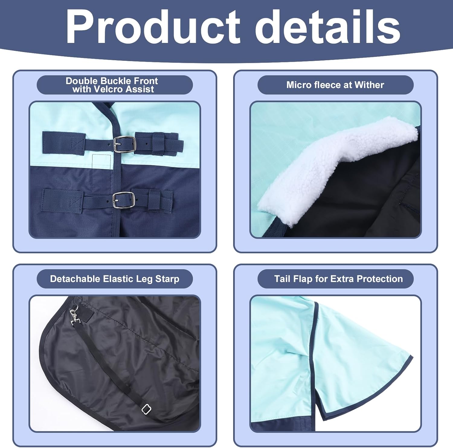 600 Denier Rip-Stop Horse Rain Sheet Lightweight Waterproof and Breathable Turnout Horse Blanket (No Fill) Turquoise/Navy 81