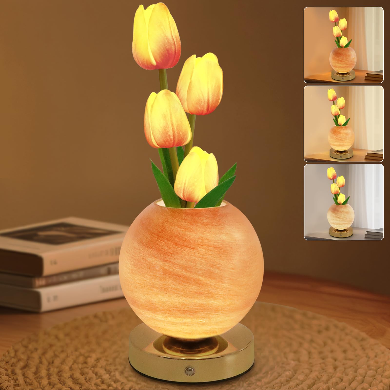 Tulip Table Lamp, Rechargeable Cordless Touch Dimming Artificial Tulip Flower Desk Lamp, LED Flower Bedside Night Light Romantic Gifts for Girl Women Mom (Orange)