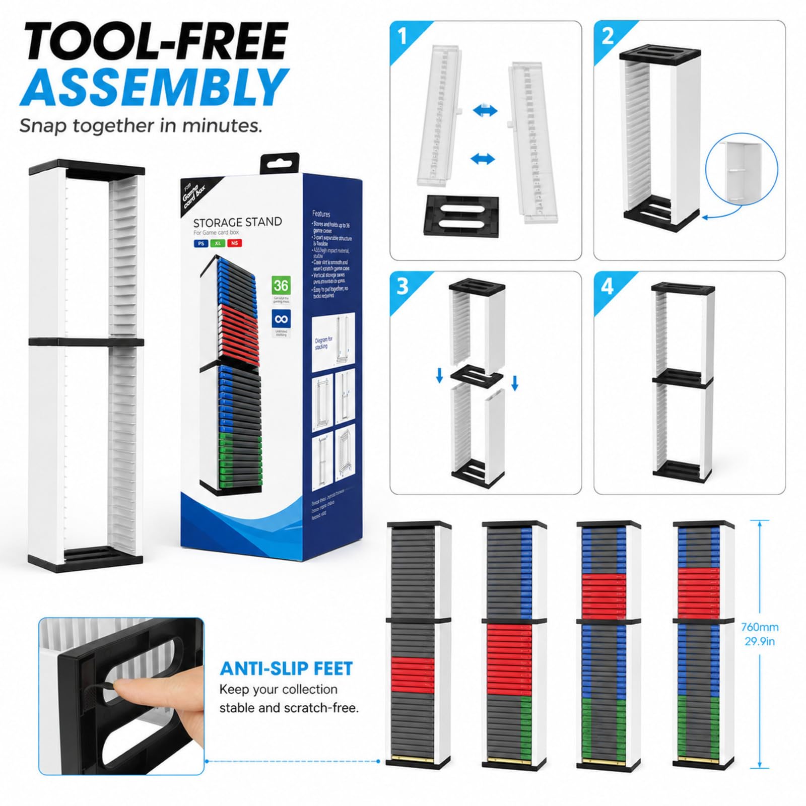Soporte de torre de almacenamiento universal para videojuegos, capacidad para 36 juegos, organizador multifuncional para PS5, PS4, Xbox Series X/S, estuches de juegos Switch, DVD y discos