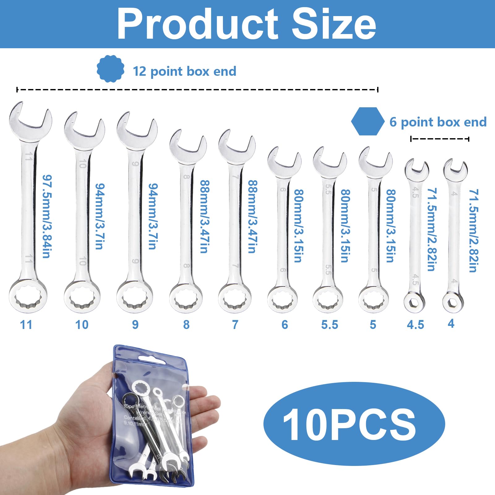 JCSJK Mini Spanner Set, Metric 4-11mm Combination Wrench Kit, Small Dual-use Open End and Box End Ignition Wrenches - Image 3